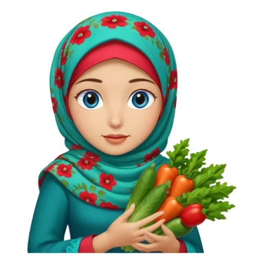 Turkish beautiful finish Konya girl blue eyes with floral hijab and green red dress and she had on her hand vegetables  sticker