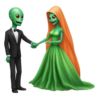 alien reptilian green skin woman, long slim pastel orange formal party satin dress with gradient shiny sparkling dark red, and caucasian man in black dres on his knees asks her to marry her sticker