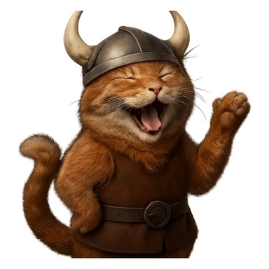 Make this laughing red viking cat more realistic with detailed fur and natural cat features. The cat should have a realistic horned helmet, remain red, and be laughing. Remove the background. sticker