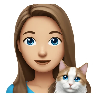 woman with long brown hair and pink shirt and holding a all white Siberian cat with blue eyes sticker