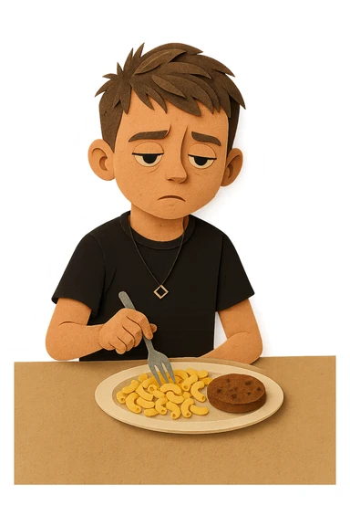 A stylized 3D child version of the person in the reference photo, around 6 years old, is sitting at a table. He looks bored, staring at a plate of macaroni and a meat patty, absentmindedly poking the macaroni with a fork. Keep the pose relaxed and the expression subtly disinterested. The style should be semi-realistic 3D, soft lighting, clean detail sticker
