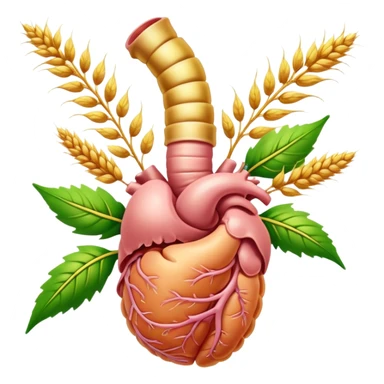 Human digestive system with esophagus, stomach, intestines, and colon, surrounded by golden wheat ears and green leaves, with glowing healing particles flowing through the digestive tract sticker