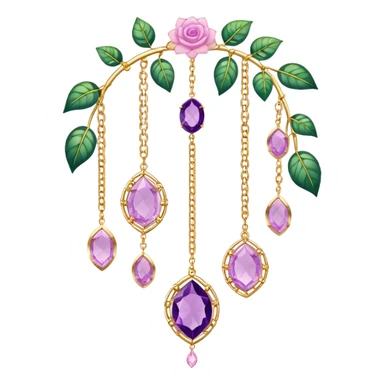 Hanging suncatcher, gold chains with shiny sparkly amethyst and rose-quartz gemstones, flowers, beautiful leaves, gorgeous aesthetics sticker