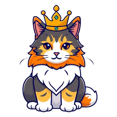 regal calico maine coon cat with orange, black and white fur wearing a jeweled crown sticker