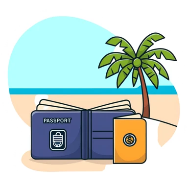 Travel discount offer with palm tree, beach and passport sticker