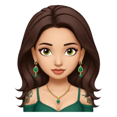 pretty bratz genmoji that looks like tamannah bhatia (bollywood actress), wearing a dark green sweetheart neckline top, dark brown hair, light makeup, no necklace, dangly earrings, side hair part, dark brown eyes, with full tattoos and neck tattoo sticker