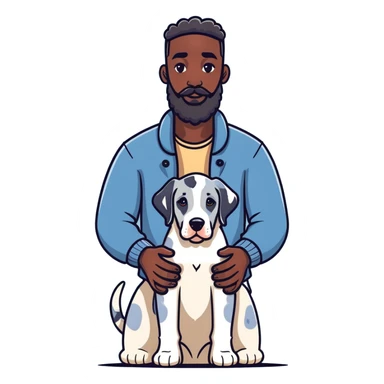 man and dog, tall bearded dark-skinned man, blue Merle Great Dane puppy, illustration style sticker