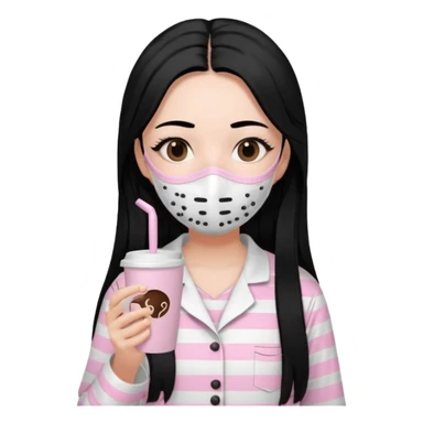 chica de pelo lacio color negro cabellera larga piyama blanca con rayas rosa claras peo no tan claras no oscuras el bordado es negro al igual que los botones )tiene una mascarilla para la carablanca y sostiene y cafe con bolitas nedras al dondo con unsorbete tranparente y es de test blanca  sticker