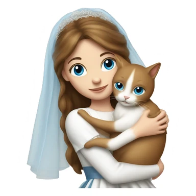 A girl with brown hare and blue eyes hugging a white cat of Britain bride sticker