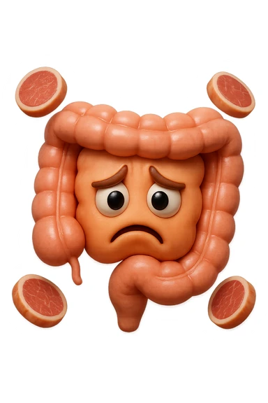 emoji stile iphone in 3d di un intestino triste con fette di carne che gli fluttuano intorno, gli occhi falli con la parte bianca pure, iperrealistico 4k sticker