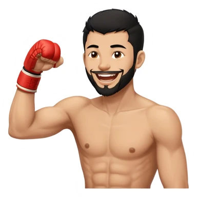 Minimal emoji of a guy, Trimmed beard, medium-length black hair, short sides, hair forward, muay thai fighter laughing. Profile Detail sticker