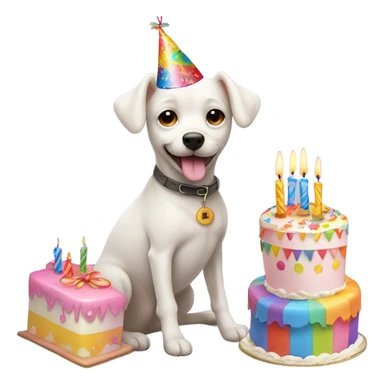 White male small dog wearing birthday hat with a cake  sticker