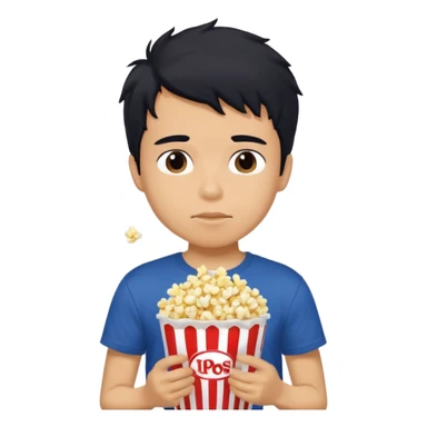 generate a pretty tan bratz boy with a dark blue tshirt on. eating popcorn. messy black hair sticker