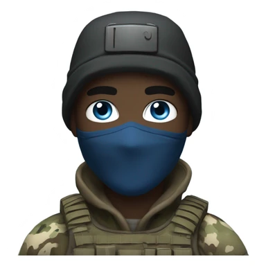 male, pale skin, call of duty black face mask, camo tactical gear, combat boots, black beanie, blue eyes sticker