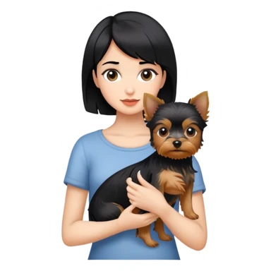 A beautiful girl with short black hair holding a Yorkshire Terrier sticker