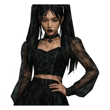 K-pop inspired gothic girl, polygonal style, geometric shapes, dark color palette, stylish stage outfit sticker