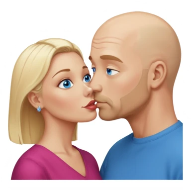 middle age bald man with salt and blonde scruff, blue eyes and blonde woman with blue eyes kissing each other sticker