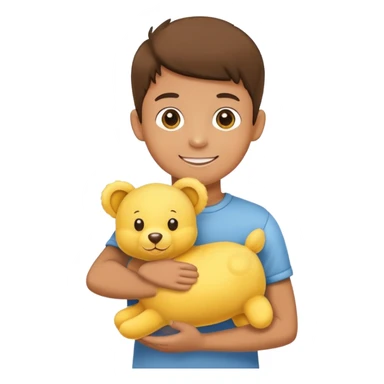 Yellow stuffed animal being held by a happy boy sticker