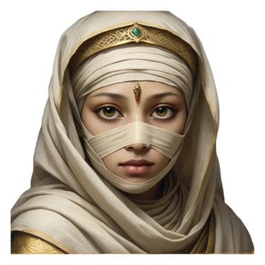 Regal and timeless, fully wrapped in meticulously aged bandages, even its face veiled in layers of ancient cloth with only faint glimpses of deep, solemn eyes peering through, adorned with faded gold accents, exuding an air of forgotten majesty and solemn duty, highly detailed, softly glowing, evoking the dignified mystery of an eternal guardian watching over lost secrets! sticker