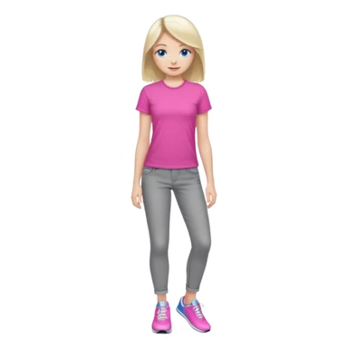beautiful girl with fair hair, blue eyes, in a vivid pink shirt, grey jeans and white trainers sticker