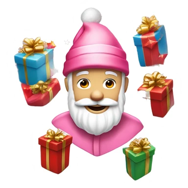 ￼ Santa Claus carried by pink elves surrounded by bright gifts with neide and red stars sticker