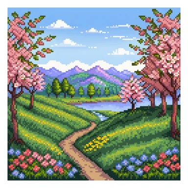 Spring landscape with blooming cherry trees, colorful flowers, and green grass sticker