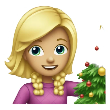 Blond Girl decorating a Christmas tree sticker