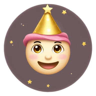 Happy face emoji: A round face, big warm smile, sparkling moon eyes. Eyebrows arched to express good humor, little gold stars near the eyes for a magical touch. Colored party hat slightly askew, rosy cheeks for a cute effect. WHITE ET ONLY A FACE sticker