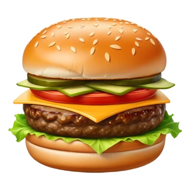 Cinematic juicy cheeseburger, perfectly grilled patty, melted cheese, crisp lettuce, tomatoes, and pickles, soft sesame seed bun, glossy and rich, warm glowing background, ultra-detailed and appetizing. sticker