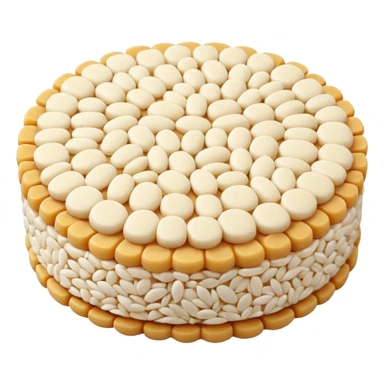A round puffed rice cake, flat disc shape, light beige/off-white color, bumpy textured surface showing compressed puffed rice grains, crispy appearance, simple flat design, centered on transparent background. sticker