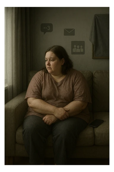 Donna tra i 30 e i 40 anni seduta sola su un divano, con espressione malinconica e corpo visibilmente appesantito. Indossa abiti larghi, avvolgenti, e guarda fuori dalla finestra mentre il telefono è spento o con notifiche ignorate accanto a lei. Sullo sfondo, si notano segnali di vita sociale assente: messaggi non letti, inviti ignorati, foto di gruppo a cui non partecipa. L’atmosfera è silenziosa, con luce grigia e ambiente spento. Intorno a lei, simboli di ritiro e insicurezza: tende chiuse, specchio coperto, postura chiusa. Stile realistico, tono delicato ed emotivo sticker