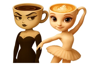 Edit the image to adjust the coffee character's arms so they are straight down at her sides, keeping the rest of the pose and style the same. Keep the ballerina character unchanged. Transparent background. sticker