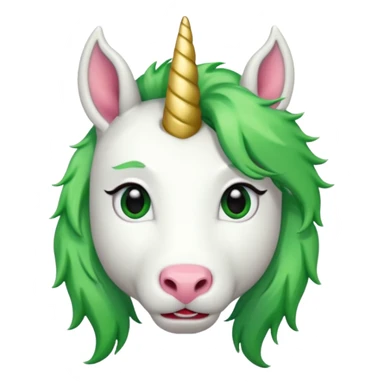 white furred unicorn with green hair and big red earrings looking into camera sticker