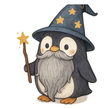 cute penguin wizard with a long beard and a pointy hat sticker
