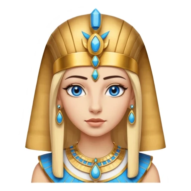 crea l'emoji di Cleopatra ma con i capelli biondi e gli occhi azzurri vestita da faraone con i gioielli egiziani e il cappello da faraone sticker