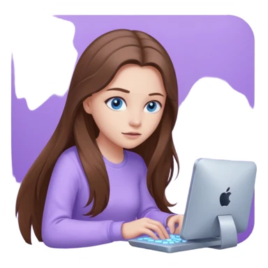 beautiful girl with long brown hair, blue eyes and wearing light purple clothes playing computer games sticker