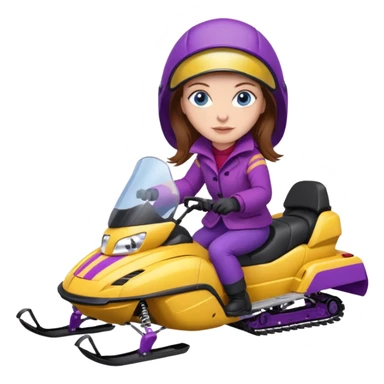 Brown hair, very blue eyes, Woman wearing a red coat  on purple and yellow striped snowmobile sticker
