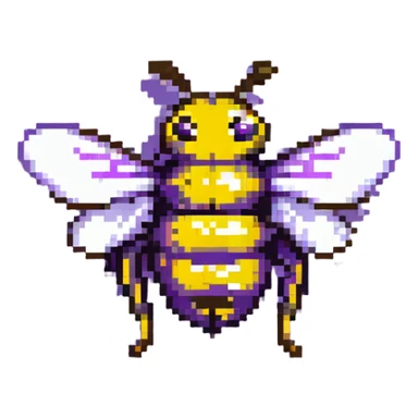 A pixelated bee with black and yellow stripes and wings sticker