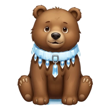 Realistic brown bear on all four legs with a large ice collar around its neck, shaped like a dog collar, with icicles hanging down from it, minimalist emoji style sticker