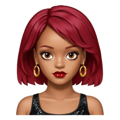 Rihanna with dark red hair, black sequin crop top, hazel eye sticker
