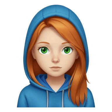 Create a emoji of a young girl with:

1) Ginger straight long hair
2) Green eyes
3) Blue hoodie sticker