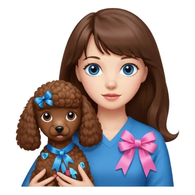 kobieta z długimi brązowymi włosami, z grzywką i niebieskie oczy trzyma na rękach brązowego pudelka z różową sticker