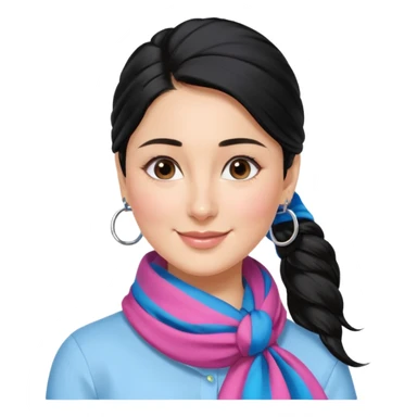generate a pretty bratz emoji that looks like Kareena Kapoor's Geet character. 
Make her wear a white shirt with a colorful blue-pink scarf wrapped around her neck. smiling big. Black hair tied into a side part ponytail, silver hoops and no necklace

She should look exactly  like Kareena Kapoor sticker