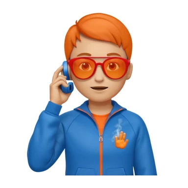 cartoon emoji-style figure in blue tracksuit and red-tinted sunglasses, hand to ear as if talking on phone, animated cool character, orange smoky backdrop sticker