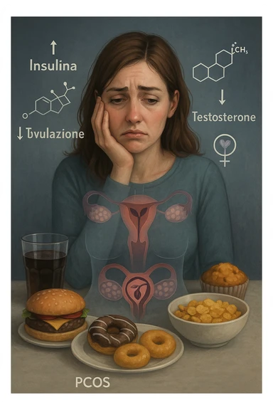Donna tra i 25 e i 35 anni con espressione affaticata e delusa, seduta a tavola. Davanti a lei cibi ad alto indice glicemico: dolci industriali, cereali raffinati, bibite zuccherate. In trasparenza sopra il suo corpo si vedono ovaie con cisti multiple (PCOS) e un simbolo stilizzato di fertilità (utero con fiore appassito o cerchio spezzato). Attorno a lei fluttuano molecole simboliche come '↑ Insulina', '↑ Testosterone', '↓ Ovulazione'. Atmosfera triste ma educativa. Colori freddi con accenti in rosso e viola. Stile realistico con elementi visivi simbolici chiari in italiano sticker