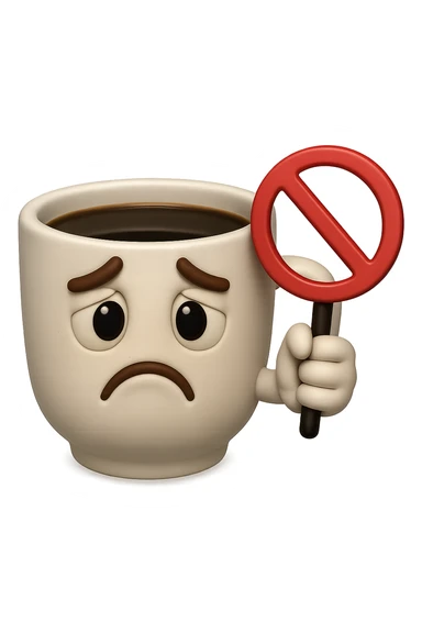 emoji stile iphone di una tazzina di caffè con espressione triste in volto mentre tiene un divieto in mano, iperrealistico 4k sticker