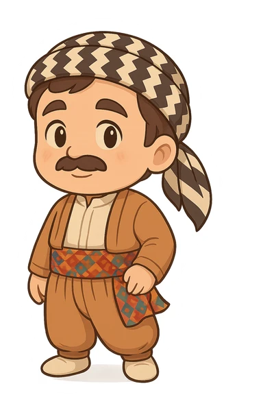 Create a chibi Kurdish cartoon sticker based on the reference image, showing an anticipating (waiting/expecting) expression, with a transparent background. sticker