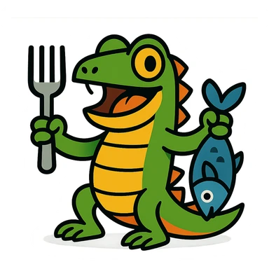 cartoon lizard with a fork in one hand and a fish in the other, vibrant colors, playful character sticker