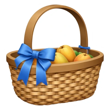 A basket with a blue ribbon on the handle sticker