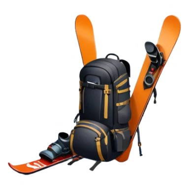 Icon for Mountain Tourism: a snow-covered peak in the distance, with skis, a snowboard, climbing gear, a backpack, and a camera. The icon should represent the adventure and exploration of mountain landscapes. Transparent background. sticker